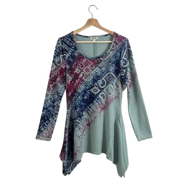 ONE WORLD Brushed Knit Tunic Top Sizes XS S Medium Studded Sharkbite Hi Low Hem - Picture 2 of 10